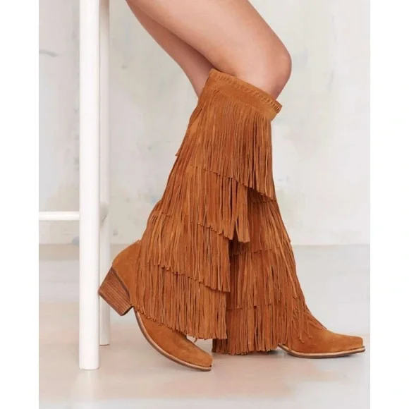 Jeffrey Campbell Tan Fringe Heeled Boots - Picture 1 of 8